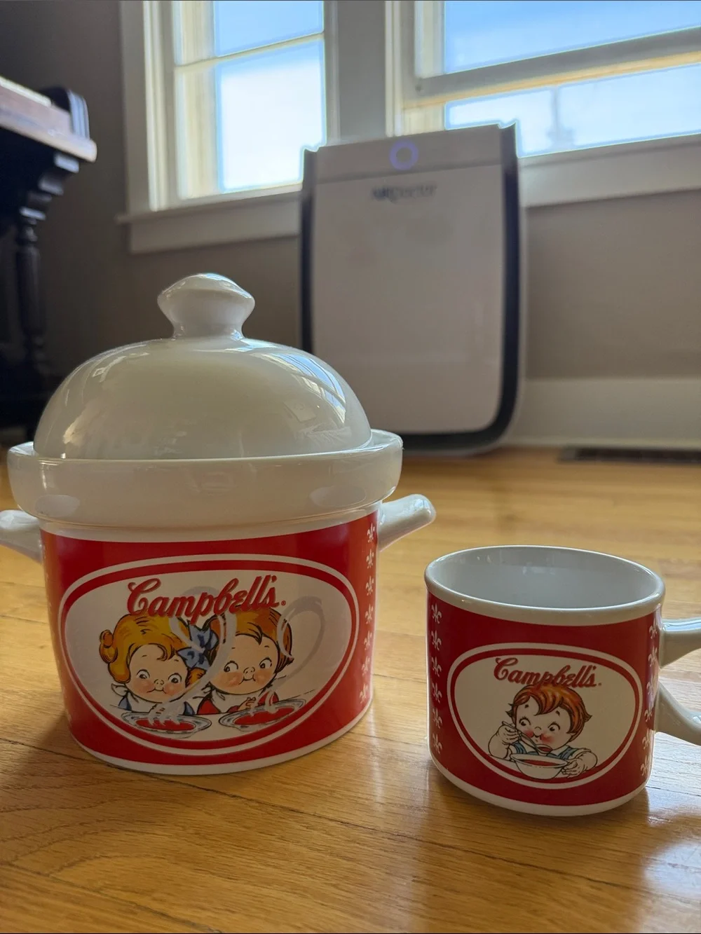 2004 Campbell's Red Ceramic Soup Pot with Lid and Two Matching Mugs